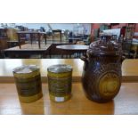 A West German Rumtopf pottery jar and cover and a pair of T.G. Green Gresley biscuit barrels and