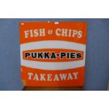 A perspex Pukka Pies Fish & Chips Takeaway sign