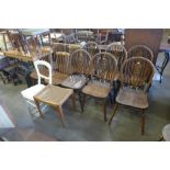 A set of six beech wheelback kitchen chairs, another set of four beech kitchen chairs, etc.