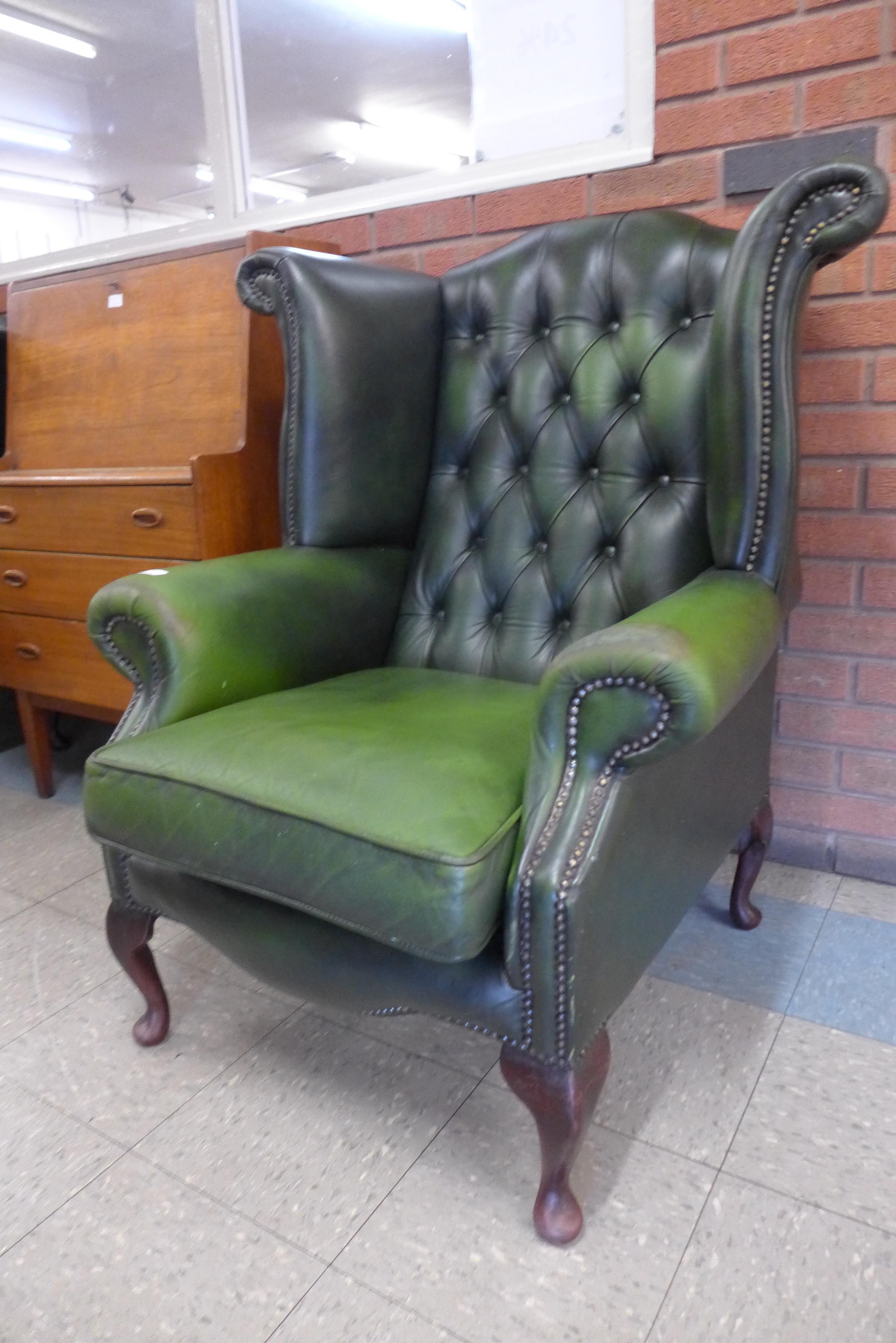 A green leather Chesterfield wingback armchair - Image 2 of 2