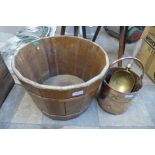 A small Victorian brass and copper bucket, a pine planter and a brass shovel