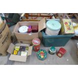 Assorted vintage advertising tins, including Manikin Cigars and tobacco tins, etc.