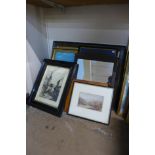 Two engravings, a landscape, oil on board, three prints and a mirror