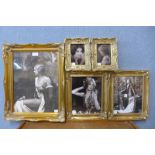 Five female risque prints, framed