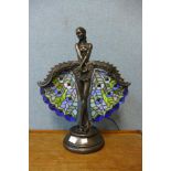 A bronze effect figural Tiffany style lamp