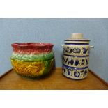 A West German Rumtopf stoneware jar and cover and a majolica jardiniere