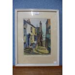 James Priddy (1916-1980), Quay Hill, Tenby, signed coloured engraving, framed