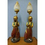 A pair of Indonesian painted bronze figural table lamps