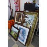 A gilt framed mirror, oils, prints, etc.