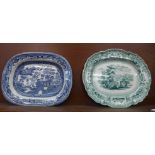 Two serving plates, blue and white Willow pattern and green and white transfer ware