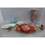 Art Deco and other china, including a part dressing table set, chintz pin dish, tall lustre vase,
