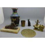 A cloisonne vase, Sphinx paperweight, etc.