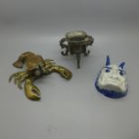 Two oriental libation cups, one a/f, and a novelty brass lobster trinket box