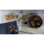 Treen, a brass aircraft model, metalware, etc.