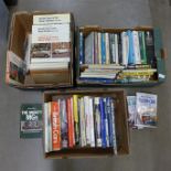 Three boxes of motoring books including an OlySlayer Series on British Cars through the decades,