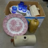 Two Royal Crown Derby plates, blue and white plate, three stoneware bottles, six Bristol blue cut