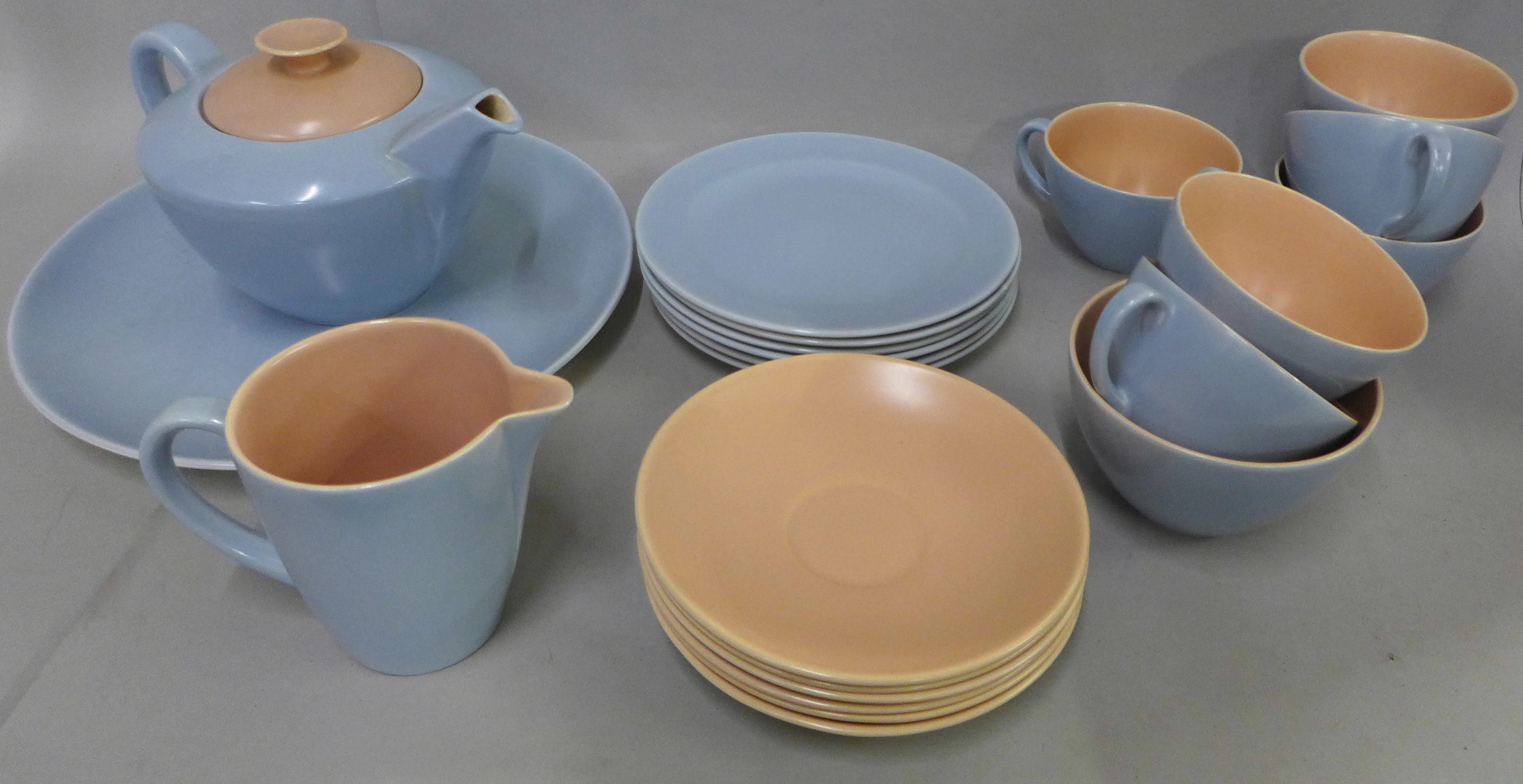 Poole Pottery Peach Bloom and Mist Blue six setting tea set including teapot, milk jug, sugar bowl