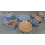 Poole Pottery Peach Bloom and Mist Blue six setting tea set including teapot, milk jug, sugar bowl