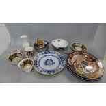 Four Booths plates, a mug, four floral plates, a pill box, a blue and gold Coalport china