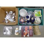 Two boxes of assorted china and plated ware including lidded dishes, an oriental vase, lid a/f,