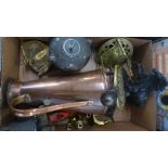 A box of metalware including a censer, a/f, three trivets, copper jug, two small oil cans, a blow