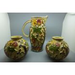A H.J. Wood Indian Tree jug and a pair of vases
