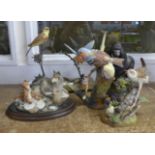 Six animal figures including a Country Artists gorilla, wolf and four birds including two Coalport