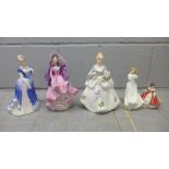 Five figures including Coalport Colleen and Royal Doulton Thank You and Southern Belle