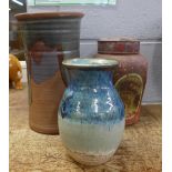 A studio pottery vase, cylindrical vase and a Victorian tea caddy