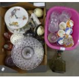A collection of glass and china including a purple glass lidded dish, a Royal Worcester Evesham cake