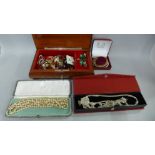 Assorted jewellery including Indian white metal belt, a silver clasp, faux pearl necklace, etc.