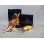 Two Royal Crown Derby Australian Collection paperweights - Kangaroo (with joey) and a Duck-billed