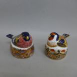 Two Royal Crown Derby Bird paperweights - Goldfinch Nesting and Bullfinch Nesting, 6.7cm, both