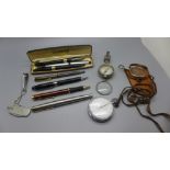 Two Sheaffer fountain pens, one with 14ct gold nib, other ballpoint pens including Waterman, a