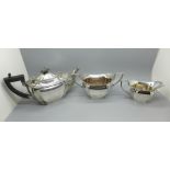 A silver three piece bachelors tea service, Birmingham 1912, 422g