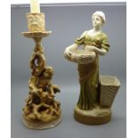 A Royal Dux figure of a maiden with basket (pink triangle mark, a/f) and a Twist Tree candlestick