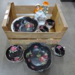 Six Paragon cups and saucers, a Staffordshire figure and three bowls decorated with roses**PLEASE