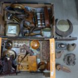 Two boxes with wooden items, barometers, gong, travel set, weight stand with some weights, a replica