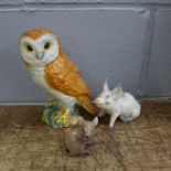 Three Beswick animals comprising a comical pig, Barn owl and mouse