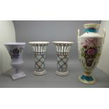 A Minton Rose Basket vase, a pair of Royal Ashmore vases with pierced tops and a flora Keramic Gouda