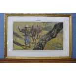* Lewis, African landscape with figures, mixed media, framed