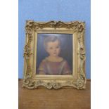 English School, naive half portrait of a child, oil on canvas, 33 x 29cms, framed