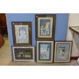 Five Mughal School paintings on silk, all framed