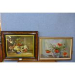 English School, still life, flowers in a bowl, oil on board and A. Rawlinson still life of