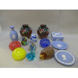 A pair of Phoenix Ware vases, seven glass paperweights, a Wade hedgehog and four items of Wedgwood