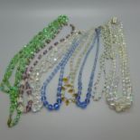 Eight vintage crystal and glass bead necklaces