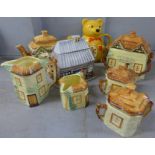 A novelty Teddy bear teapot, other novelty teapots, cottage ware tea service, etc. **PLEASE NOTE