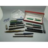 Four pens with 14ct gold nibs, Conway Stewart 28, a/f, Summit and 2x Swan, a Sheaffer, boxed,