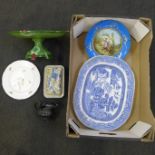 A tazza, a blue and white willow pattern serving plate, Viennese plate, etc.