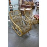 A pair of bamboo and wicker rocking chairs